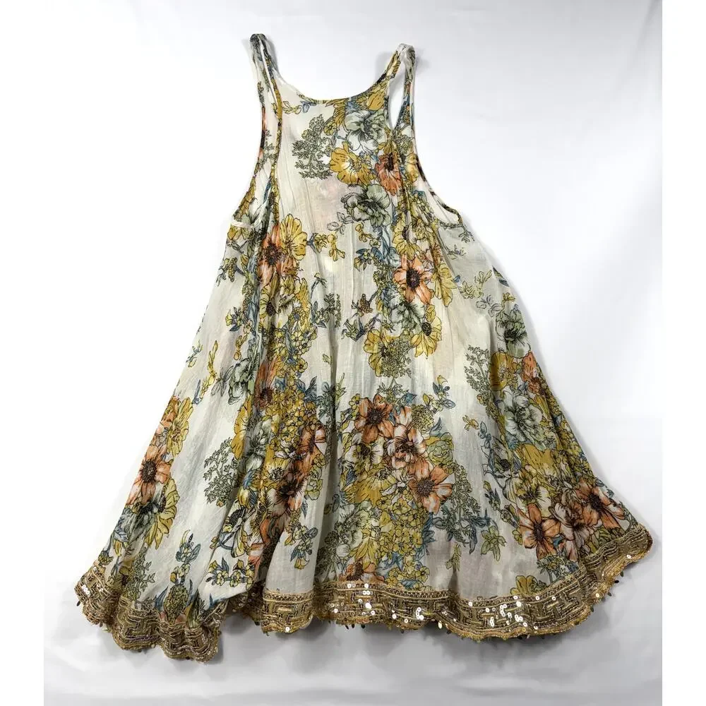 Free People Paradise Song Dress Sz XS floral print embellished sequin hemline